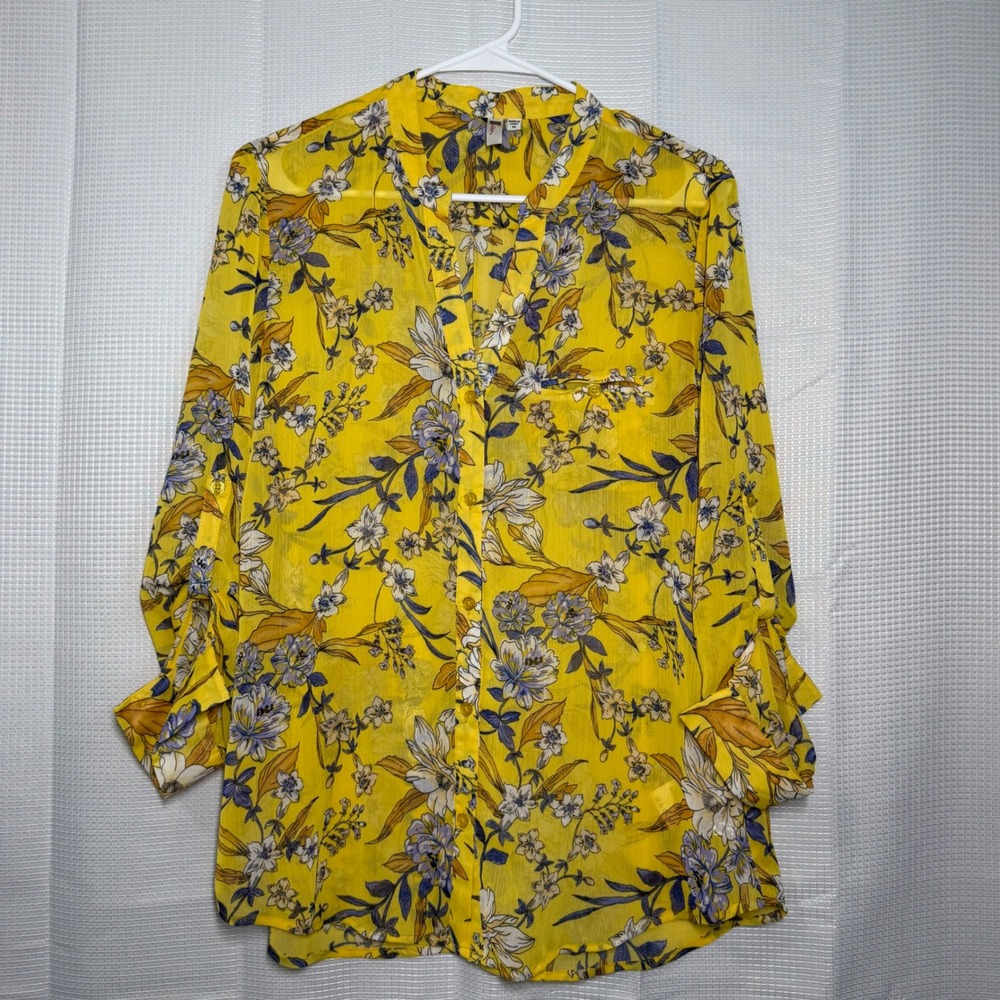 KUT from the Kloth Yellow Floral‎ Button Front Blouse Women's M Roll Tab Casual